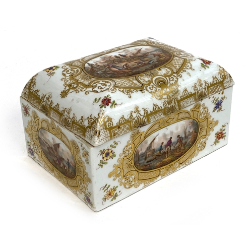 81 - A large continental Dresden style porcelain casket, heightened in gilt and painted with various mari... 