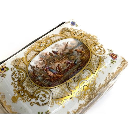 81 - A large continental Dresden style porcelain casket, heightened in gilt and painted with various mari... 