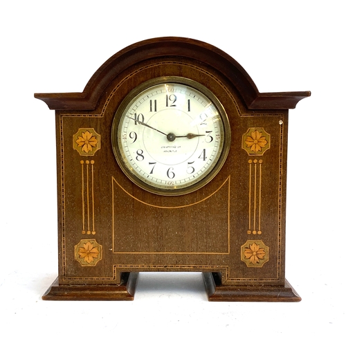 97 - Edwardian inlaid mahogany mantle clock, signed Goldsmiths Co Newcastle, 21.5cmH