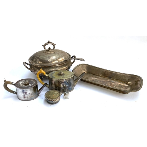 89 - A lot of silver plated wares to include lidded tureen, two teapots, a pin cushion, and a silver-topp... 