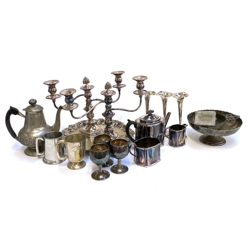 90 - Pair of three armed silver plated candlesticks, three plated spill vases, William Hutton and Sons th... 