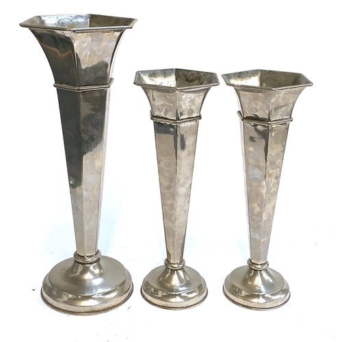 92 - A pair of hexagonal tapered plated vases, 43cmH; together with one other larger, 53cmH