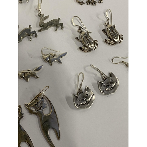 35 - Ten pairs of mainly 925 silver animal design earrings, to include hares, frogs, foxes etc, gross wei... 