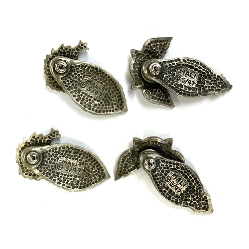 39 - Two pairs of vintage MALI pewter articulated earrings in the forms of owls and hedgehogs, both signe... 