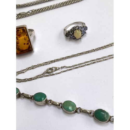 45 - A small quantity of silver jewellery to include a turquoise bracelet; jasperware pendant; welo opal ... 