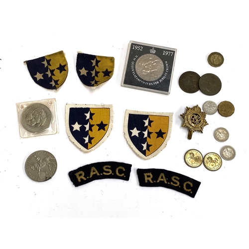 403 - Royal Army Service Corps R.A.S.C patches and badge; together with a small quantity of coins and toke... 