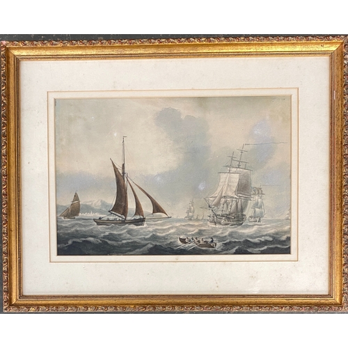 599 - Manner of Dominic Serres, watercolour of tall ships in a rough sea, 23x36cm