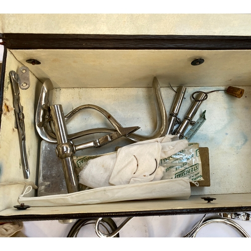 267 - Antique medical interest: case of vintage surgical instruments, including sterilising tin, anaesthet... 