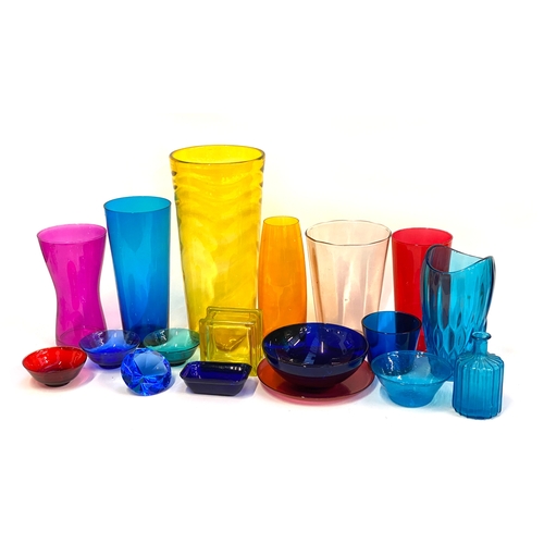 129 - A mixed lot of coloured glass, to include various tall glasses, tallest vase 41cmH, one blue hand bl... 