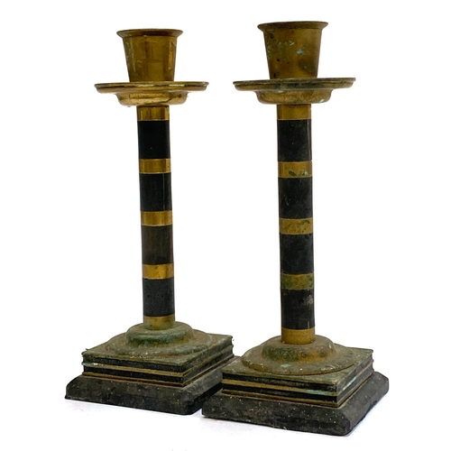 247 - A pair of unusual brass and slate candlesticks on square plinth bases, 21cmH