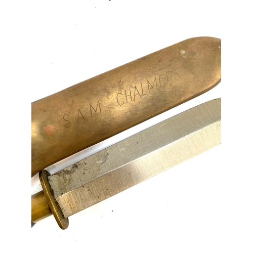 269 - A 20th century diver's dive, Siebe Gorman style, with engraved brass sheath, the blade 19.5cmL