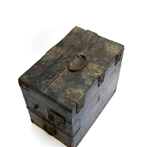 325 - A Japanese stained pine Suzuribako calligraphy writing chest, with iron mounts, the hinged lid over ... 