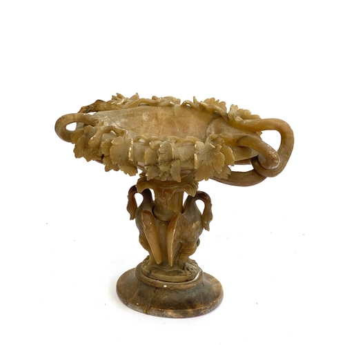 329 - A 19th century Italian carved alabaster tazza centrepiece (af, repaired), carved vine leaf detail, t... 