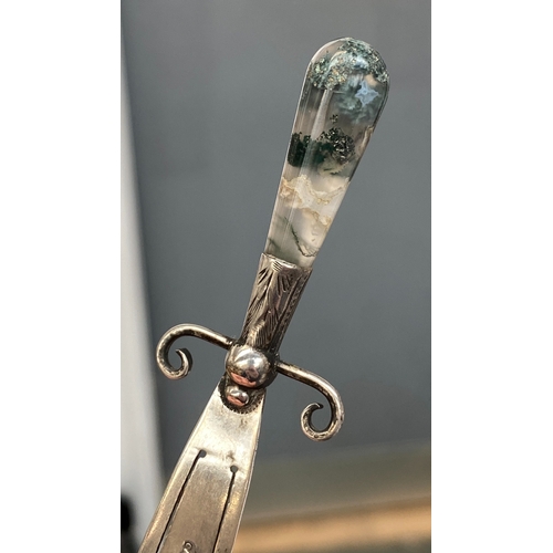 71 - A late 19th/early 20th century silver dagger bookmark with moss agate handle, stamped C&N Silver, 11... 