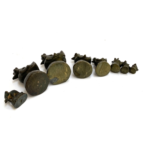 331 - A set of Burmese bronze opium weights, all birds with one elephant, the tallest 7cmH