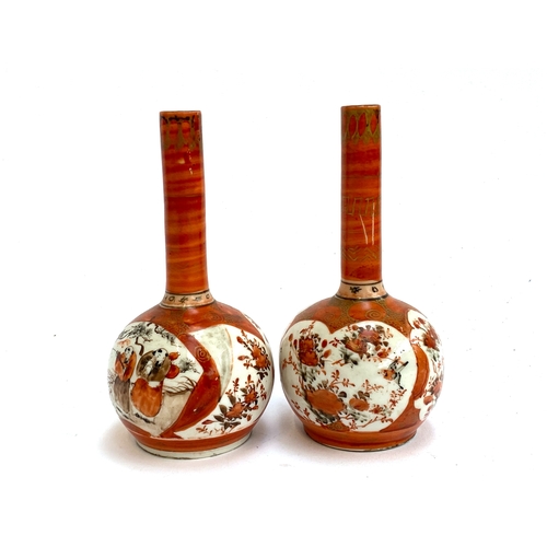 174 - A pair of Japanese Kutani porcelain bottle vases, 15cmH