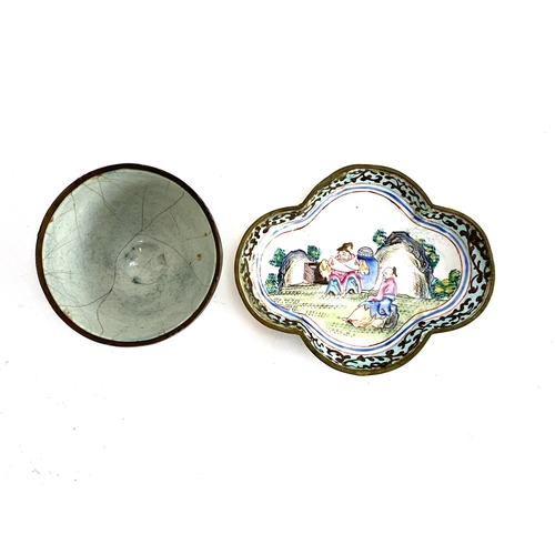 182 - A Chinese Canton enamel pin dish of quatrefoil form, depicting scholars in a garden, 9.5cmW; togethe... 