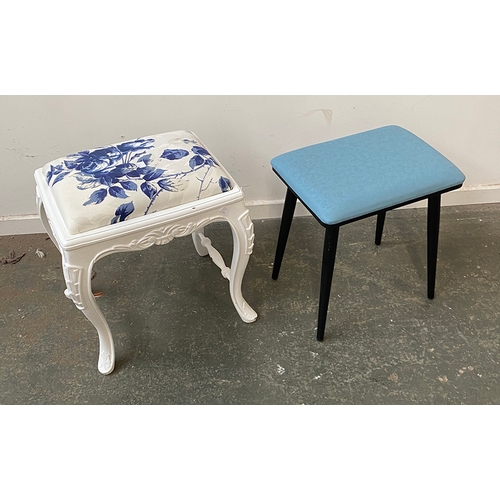 813 - A miniature armchair, 54cmW, together with a white painted foot stool and a mid century style stool ... 