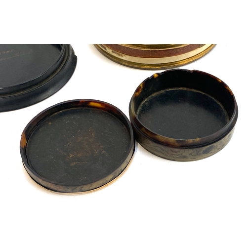 347 - An early 19th century yellow metal mounted tortoiseshell snuff box, 6.5cmD, together with a further ... 