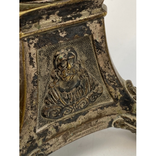 356 - A pair of altar candlesticks (one loose), each side of the triform base depicting Mary, Jesus, and a... 