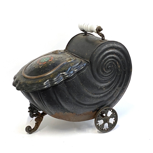 370 - A Victorian toleware coal scuttle in the form of a shell, 52cmL, 48cmH