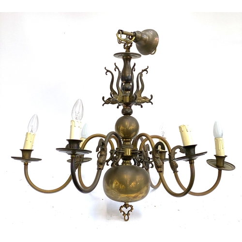 1056 - A large 20th century dutch style gilt metal six arm chandelier with classical dolphin detail, 82cmW ... 