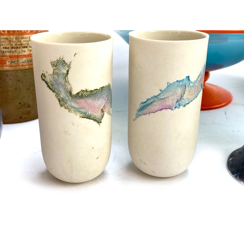 223 - A mixed lot to include; a pair of studio pottery vases by Alison Borthwick 10cmH, Staffordshire Toby... 