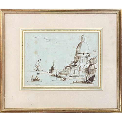 682 - Attributed to Claude de Romefort (1918-2010), three sepia wash drawings of Venice, 19x27cm, 20.5x28c... 