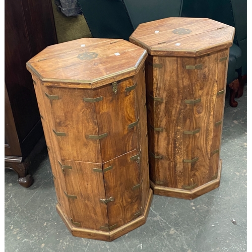 903 - A pair on Eastern hardwood brass bound octagonal pedestal drinks cabinets, 43cmW, 78cmH