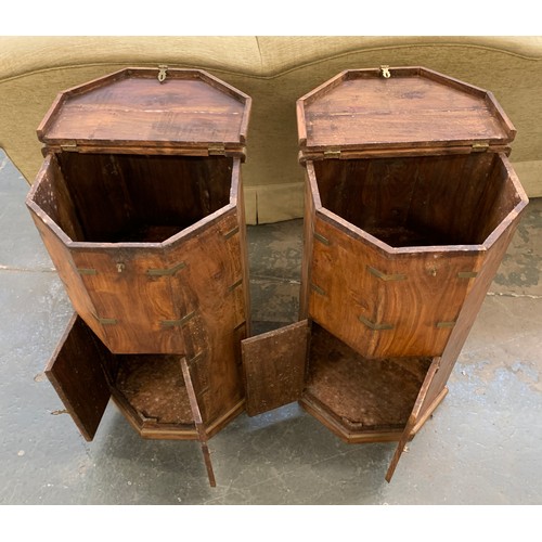 903 - A pair on Eastern hardwood brass bound octagonal pedestal drinks cabinets, 43cmW, 78cmH