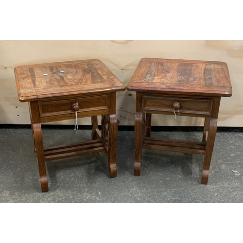 912 - A pair of hardwood occasional tables, each with single drawer and tiled aprons, 45x45x50cm