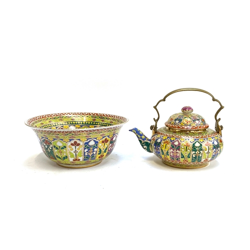 420 - A large 20th century Thai ceramic teapot with sturdy brass handle and large bowl, 38cmD