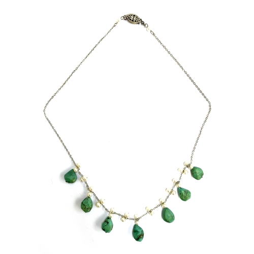 37 - An early 20th century white metal, cultured pearl and turquoise pebble necklace, 43cmL unclasped