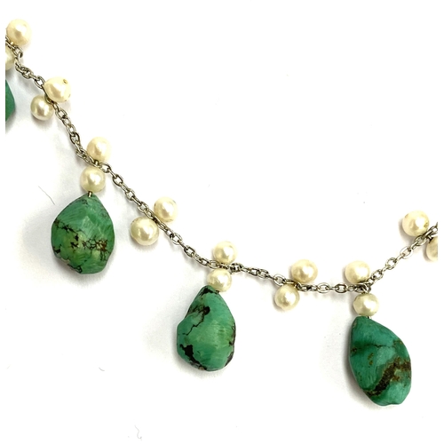 37 - An early 20th century white metal, cultured pearl and turquoise pebble necklace, 43cmL unclasped