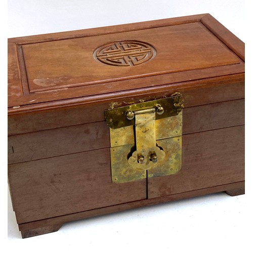 350 - A Chinese jewellery box with brass fittings (AF), lid carved with Shou symbol, 35.5x23x19.5cm