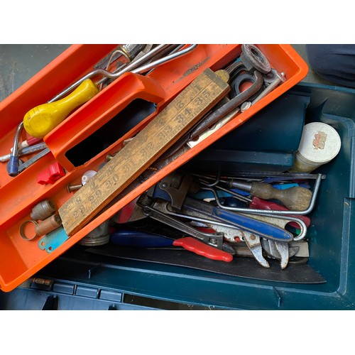 416 - Two boxes of vintage tools to include; hedge shears, Marples chisels, Record adjustable wrench, Waga... 