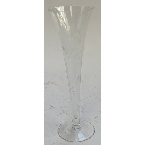 428 - Four boxes of engraved lead crystal glass champagne flutes (24) 20cmH together with four more boxes ... 