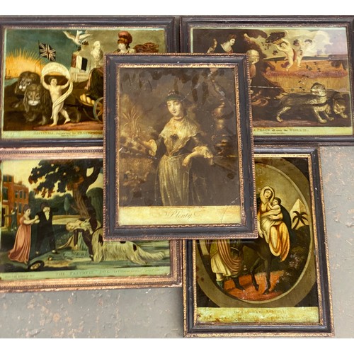 625 - Five early 19th century reverse prints on glass: 'The Faithful Dog', 'The Flight into Egypt', 'Plent... 