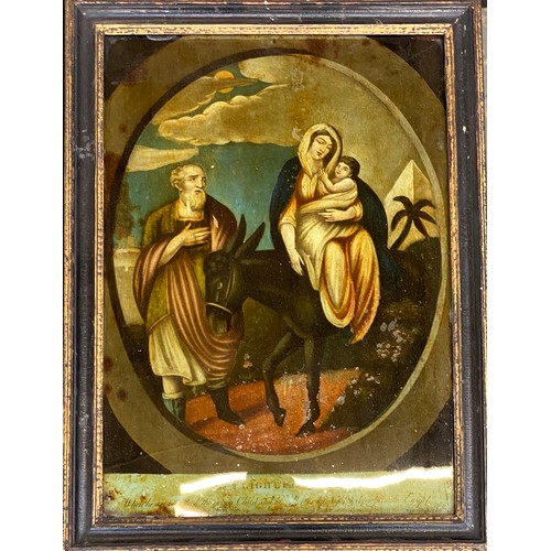 625 - Five early 19th century reverse prints on glass: 'The Faithful Dog', 'The Flight into Egypt', 'Plent... 