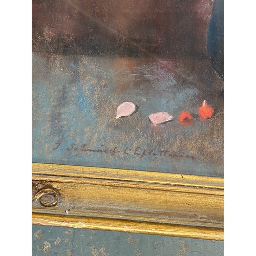 624 - 20th century pastel still life of red flowers and book, signed indistinctly lower left, 44.5x53.5cm,... 