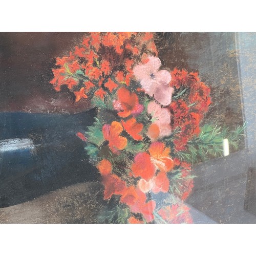 624 - 20th century pastel still life of red flowers and book, signed indistinctly lower left, 44.5x53.5cm,... 