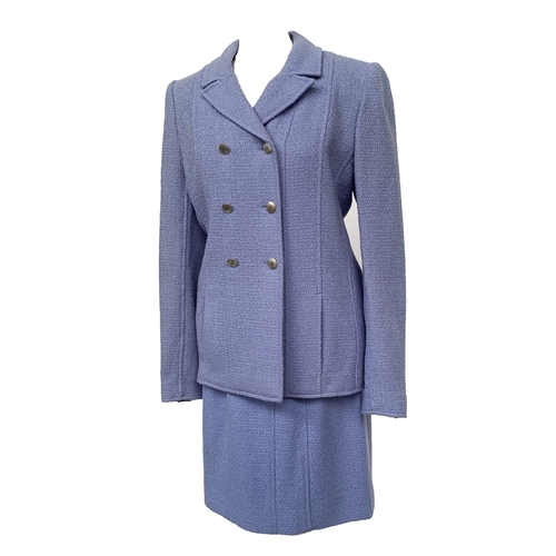 247 - A powder blue Chanel boucle wool suit set, double breasted jacket with weighted chain lined hem, sil... 