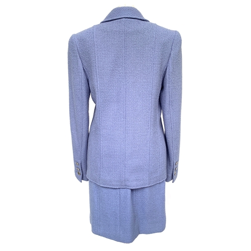 247 - A powder blue Chanel boucle wool suit set, double breasted jacket with weighted chain lined hem, sil... 