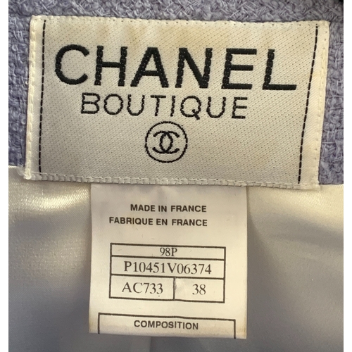 247 - A powder blue Chanel boucle wool suit set, double breasted jacket with weighted chain lined hem, sil... 