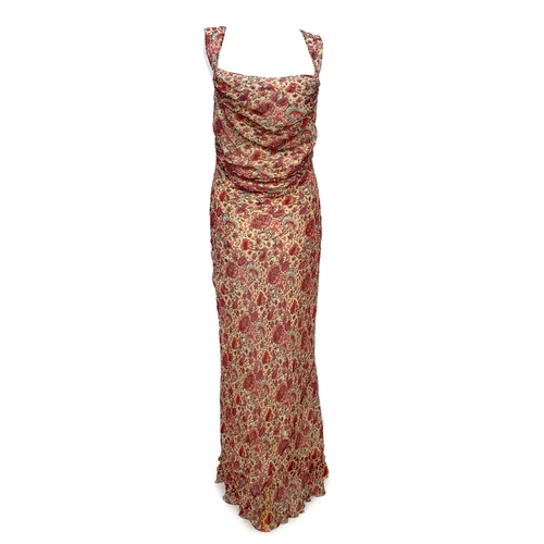 249 - A Kay Unger paisley and flounce design silk dress, full length with cowl neckline, with beaded embel... 