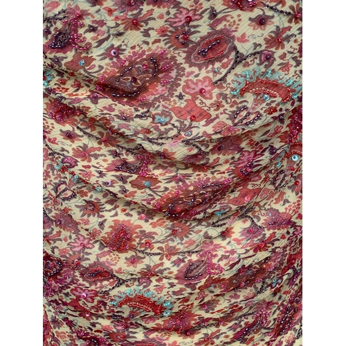 249 - A Kay Unger paisley and flounce design silk dress, full length with cowl neckline, with beaded embel... 