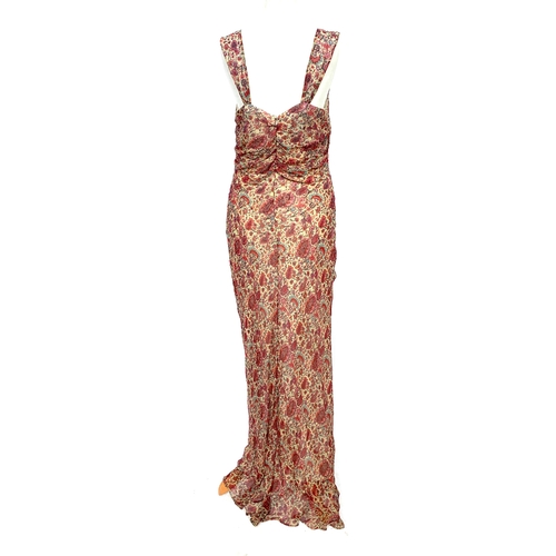 249 - A Kay Unger paisley and flounce design silk dress, full length with cowl neckline, with beaded embel... 