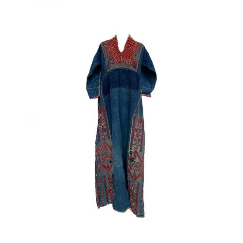 771 - A late 19th/early 20th century Palestinian ladies Thobe dress, indigo dyed cotton with red geometric... 