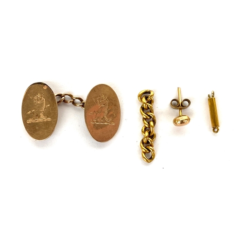 87 - A 9ct gold cufflink; small section of chain; barrel clasp and a single earrings, gross weight 3.5g