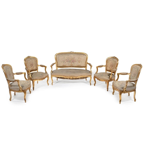 A French giltwood salon suite in Louis XV style, 19th century, comprising a sofa and four armchairs, the sofa 100cm high, 136cm wide, 60cm deep